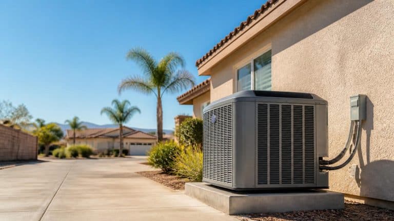 Residential air conditioner condenser beside a stucco suburban home in Southern California on a bright summer afternoon, with dry landscaping, palm trees, clear blue sky, and warm sunlight.