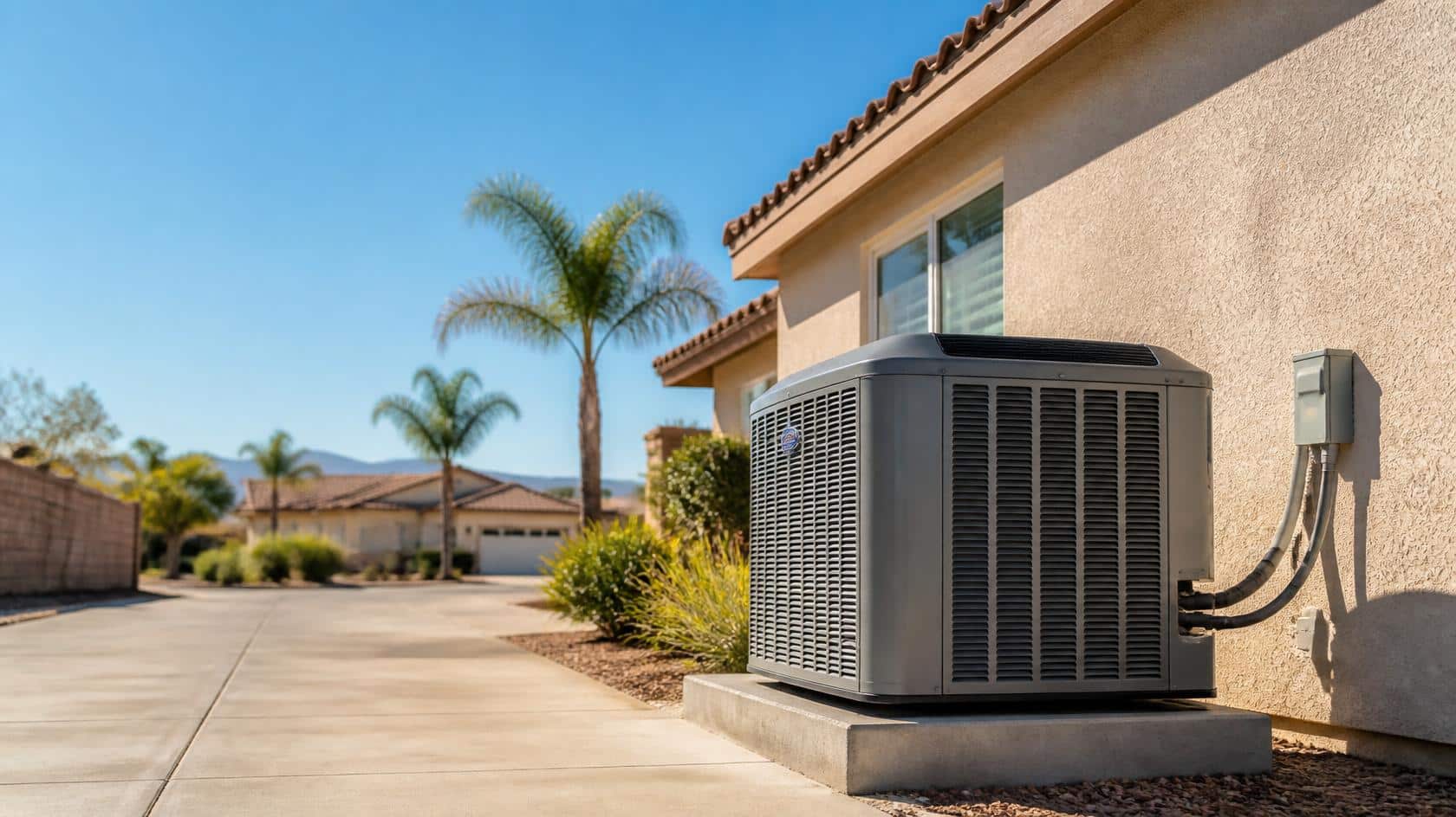 Residential air conditioner condenser beside a stucco suburban home in Southern California on a bright summer afternoon, with dry landscaping, palm trees, clear blue sky, and warm sunlight.