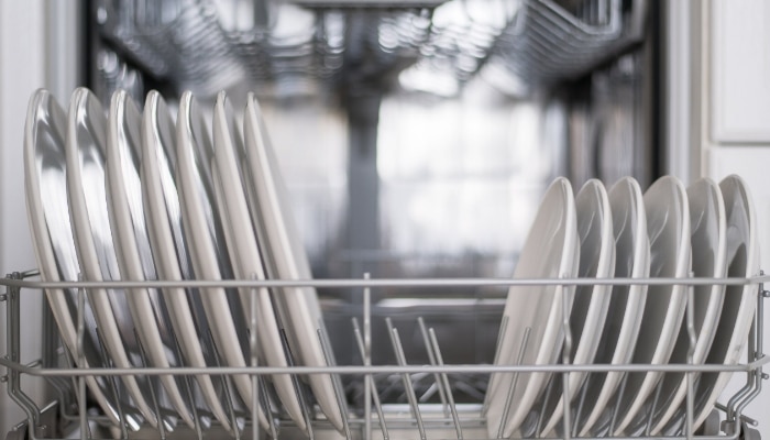 Open Dishwasher With White Dishes
